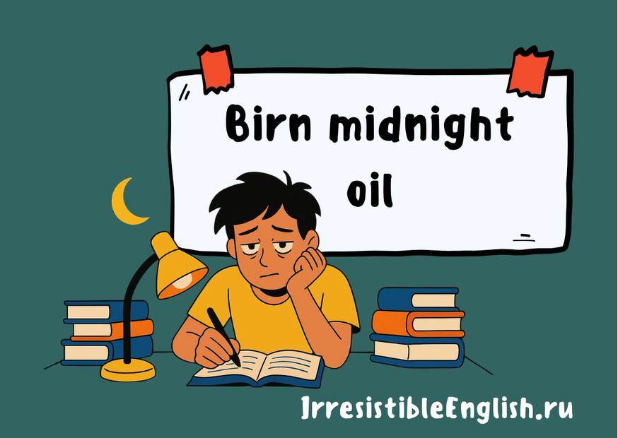 Иллюстрация усталого парня, сидящего за столом с учебниками и тетрадью, держащего ручку и подпирающего голову рукой. Рядом горит настольная лампа, за окном ночь и виден месяц. На фоне большой белый плакат с надписью «Burn midnight oil».