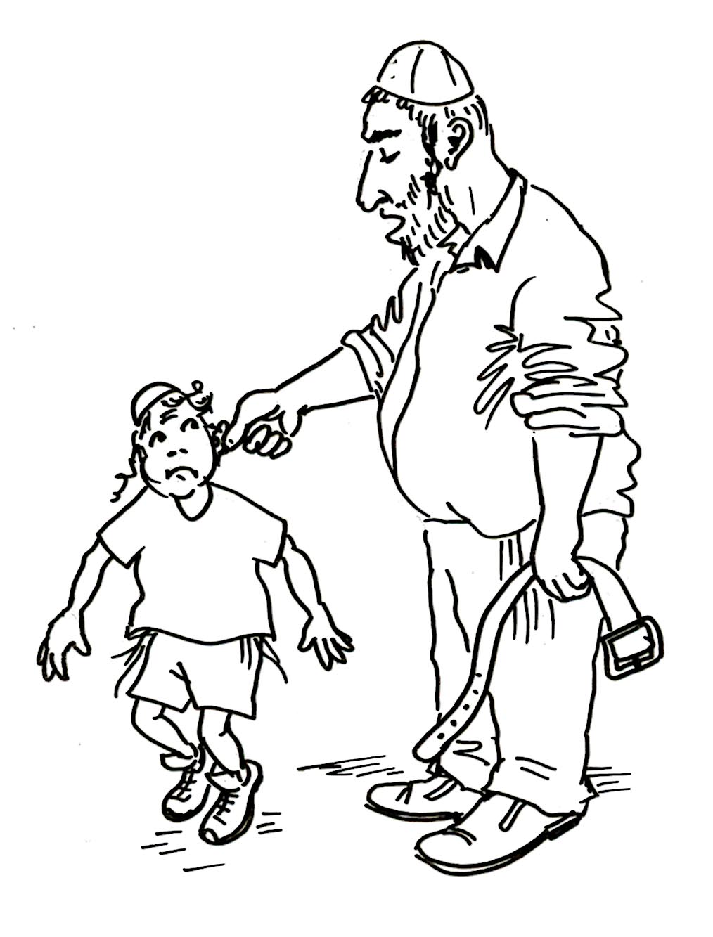 Картинка показывает момент конфликта между отцом и сыном: отец готов наказать ребёнка, но важнее здесь не сам ремень, а вопрос согласия родителей. Тора подчёркивает: «не слушающий голоса своего отца и голоса своей матери» — именно совместный голос, а не отдельные указания. Если воспитание ложится лишь на одного родителя, оно теряет силу и может восприниматься ребёнком как несправедливость.