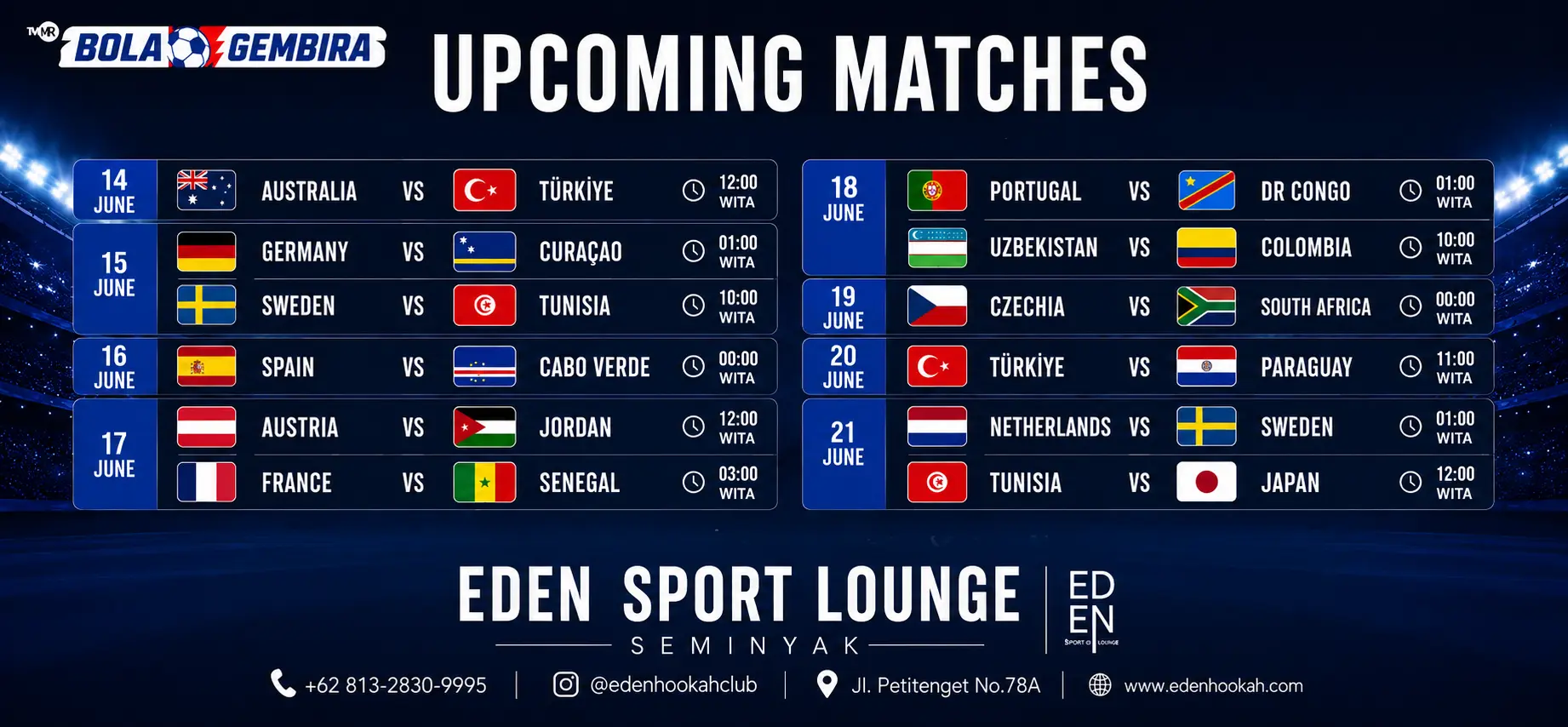 Upcoming match schedule board for the tournament at Eden Hookah Club, one of the best places to watch FIFA World Cup 2026 in Bali.