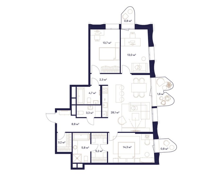 Планировка 3-комнатной квартиры 105,2 м² в ЖК «СОЮЗ»: дом 1, 20-й этаж