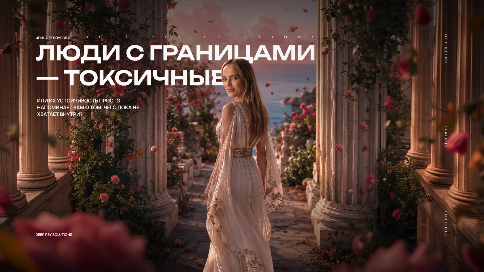 Девушка стоит между колоннами в цветущем саду на обложке с заголовком Люди с границами — токсичны.