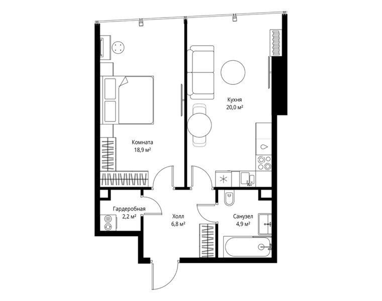 Планировка квартиры с 1 спальней 52,8 м² в ЖК ONE: 37-й этаж