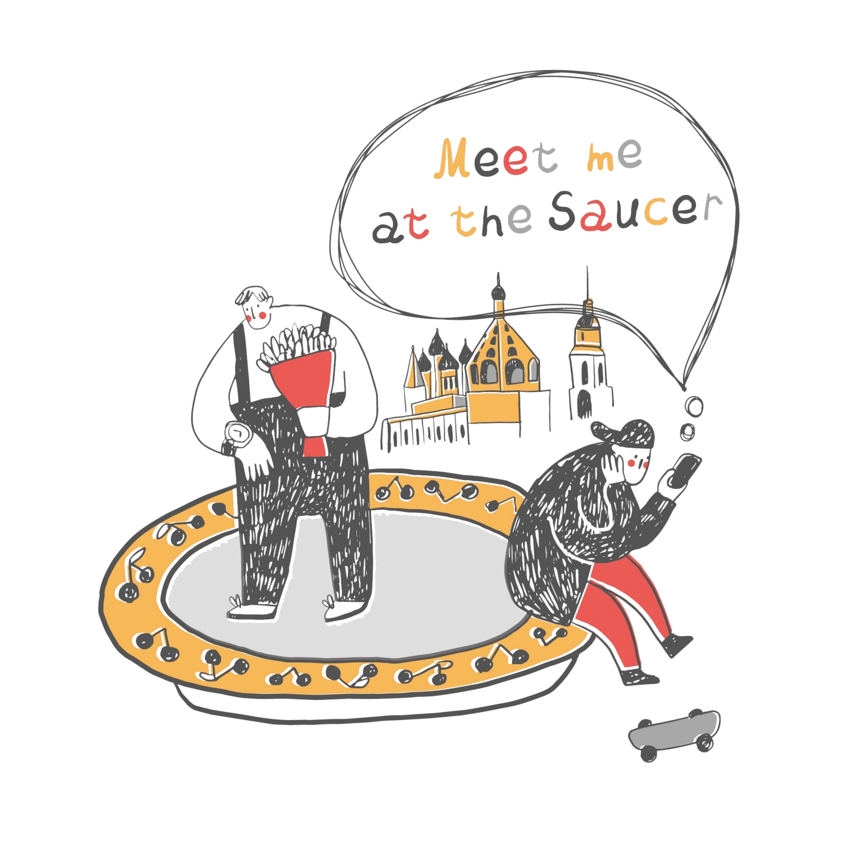 иллюстрация "блюдечко" в Коломне, парень сидит в телефоне, мужчина ждет с цветами и смотрит на чесы, сзади соборная площадь