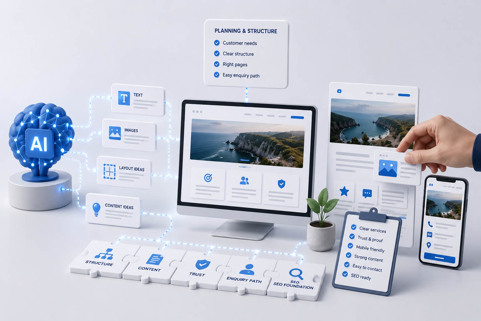 Abstract AI website building concept showing automated website blocks being organised by clear planning and structure