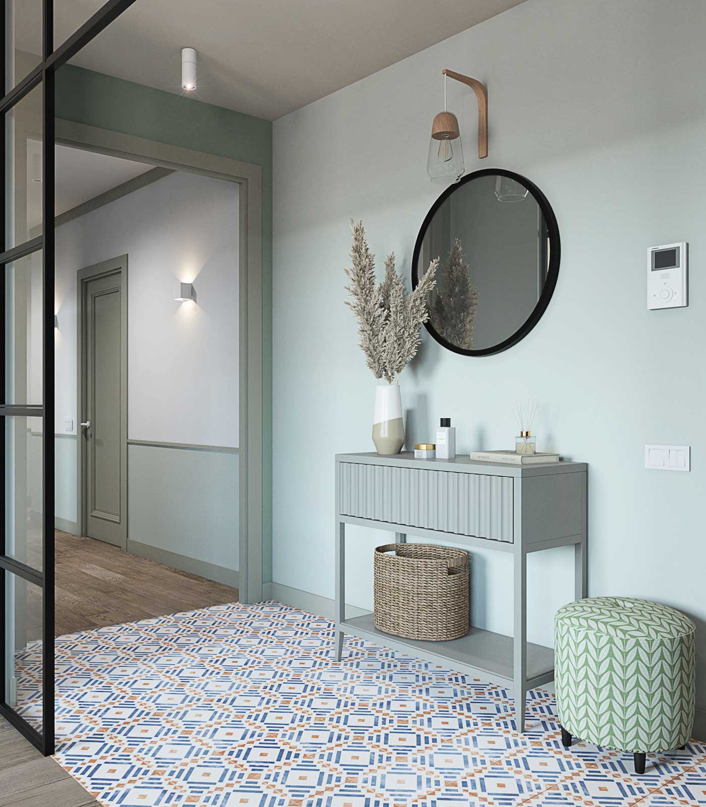 Консоль с зеркалом в прихожей. Светло-зеленый цвет в прихожей