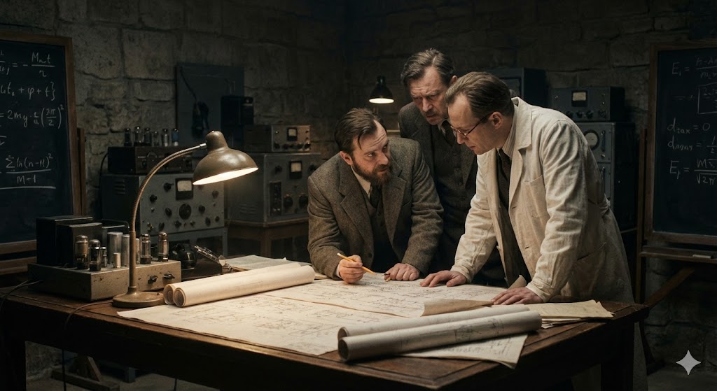 Советские ученые работают над чертежами в начале атомного проекта 1945 года