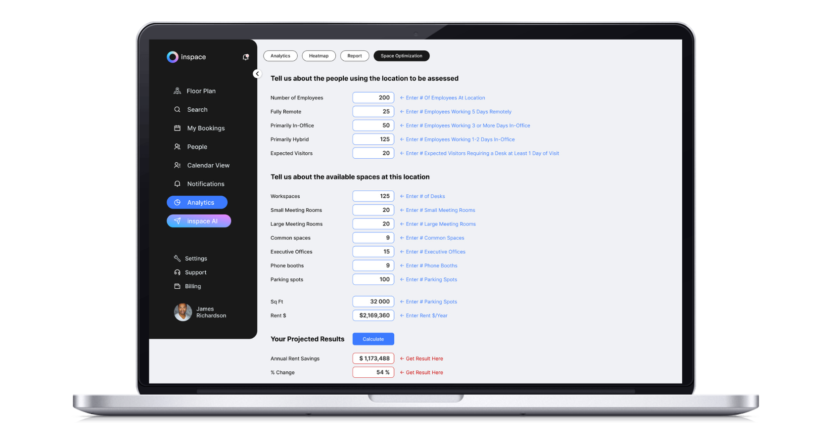 inspace screen showing hybrid work scheduling feature