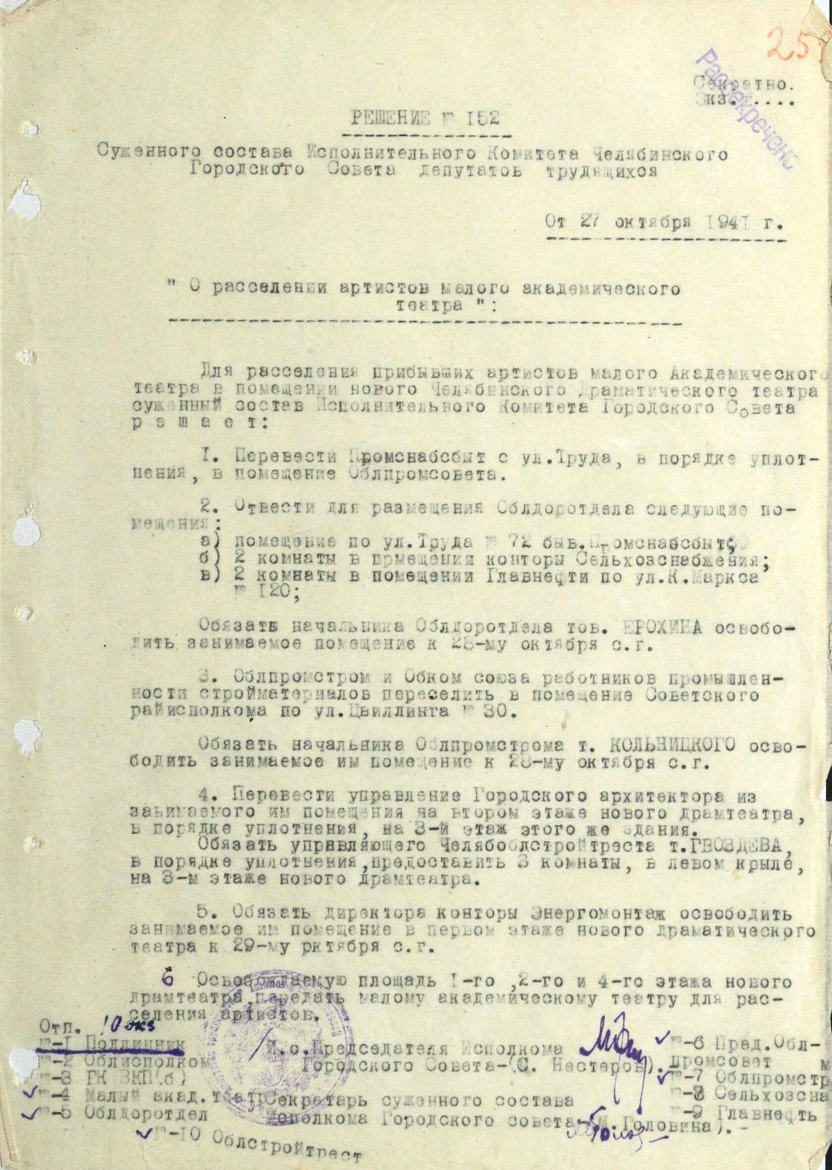 Решение суженного состава Челябинского горисполкома № 152 «О расселении артистов Малого академического театра». 27 октября 1941 г. 