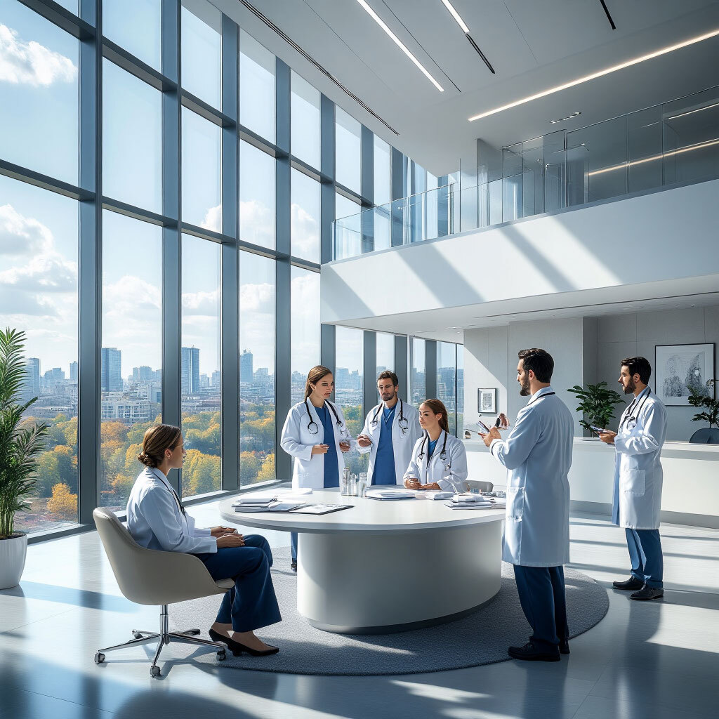 Группа врачей обсуждает вопросы в конференц-зале медцентра