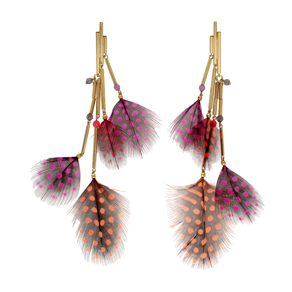 Solded tubes goldplated with spotty colourful feathers in pinks quartz &amp;amp;amp;amp;amp;amp;amp;amp; jade