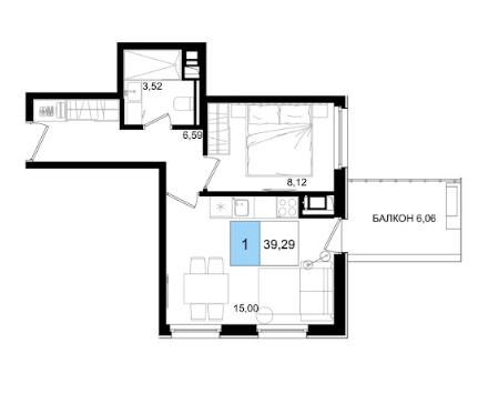 Планировка 1-комнатная 39,29 м²