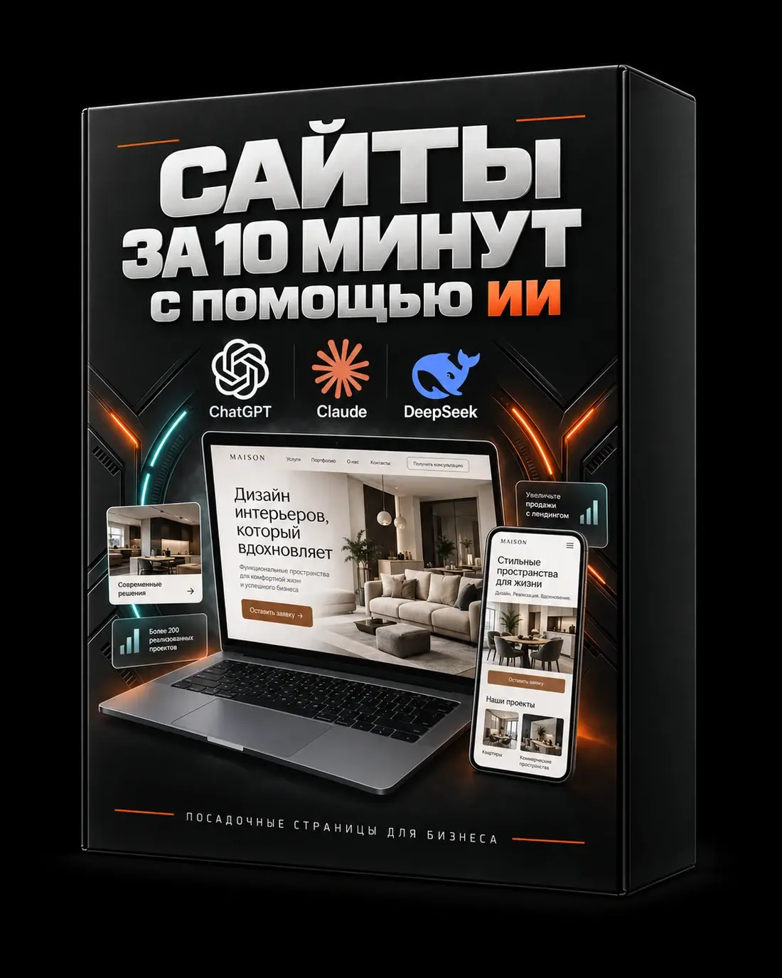 Коробка «Сайты за 10 минут»: ноутбук с посадочной страницей и логотипы ChatGPT, Claude и DeepSeek