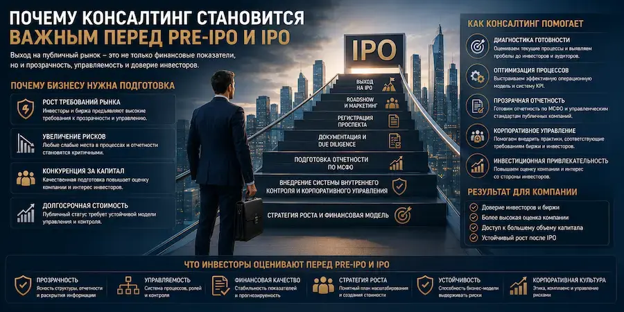 Бизнесмен перед ступенями лестницы к IPO