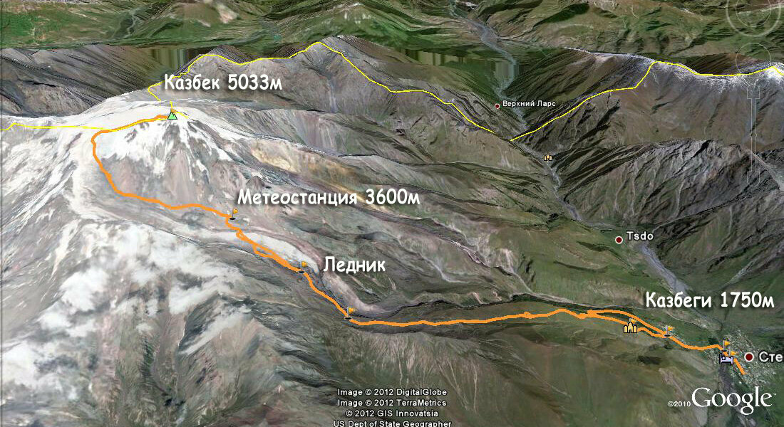 Карта восхождения на казбек с севера