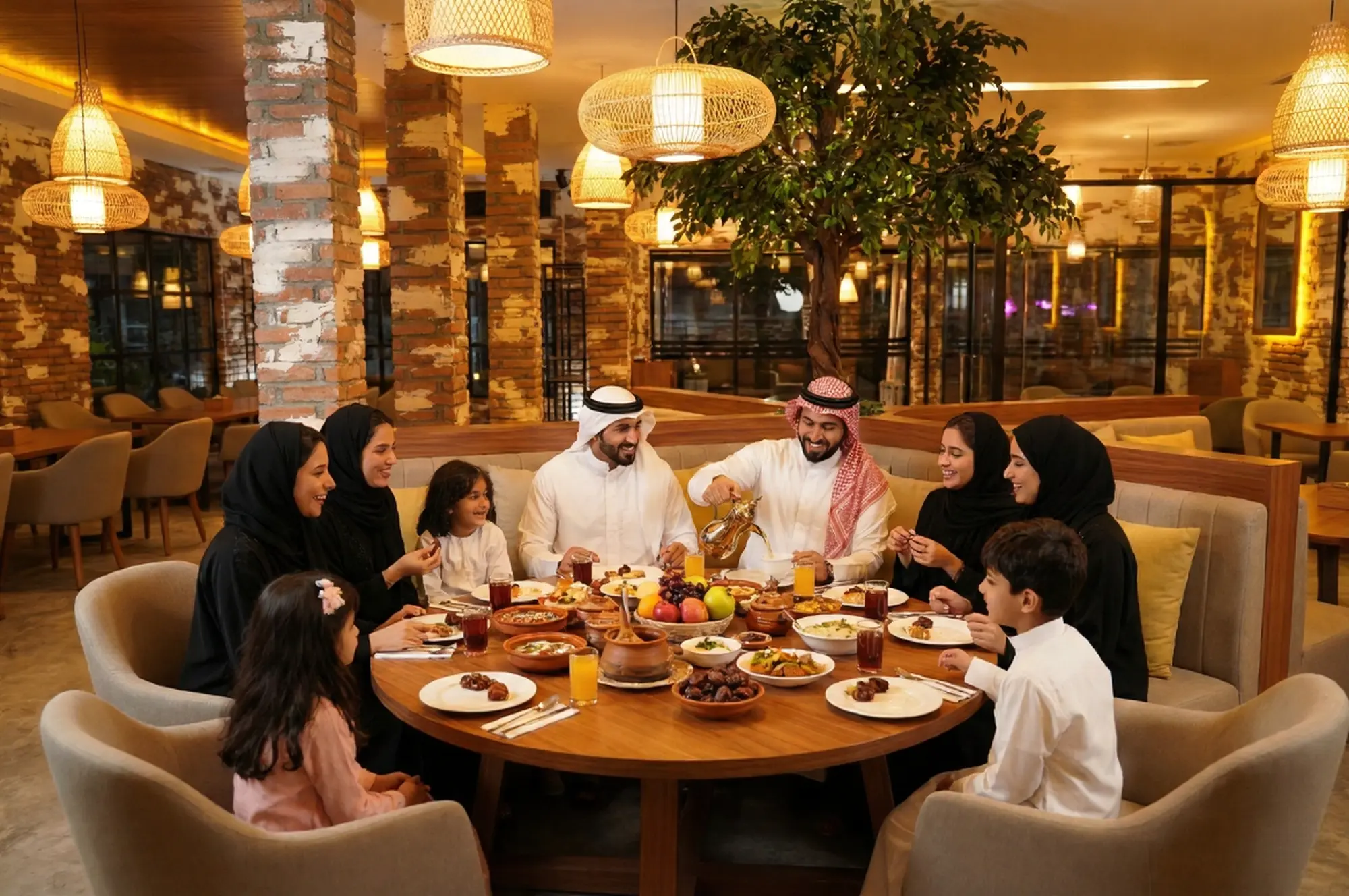 A Muslim family enjoying a festive meal together at Eden Lounge, showcasing the best family-friendly halal iftar in Bali.