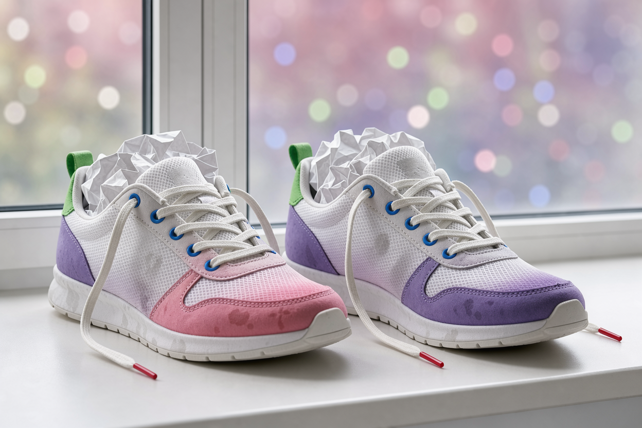 air-drying pair of sneakers on a windowsill, tongues open and stuffed with crumpled paper, soft daylight, no brand visible
