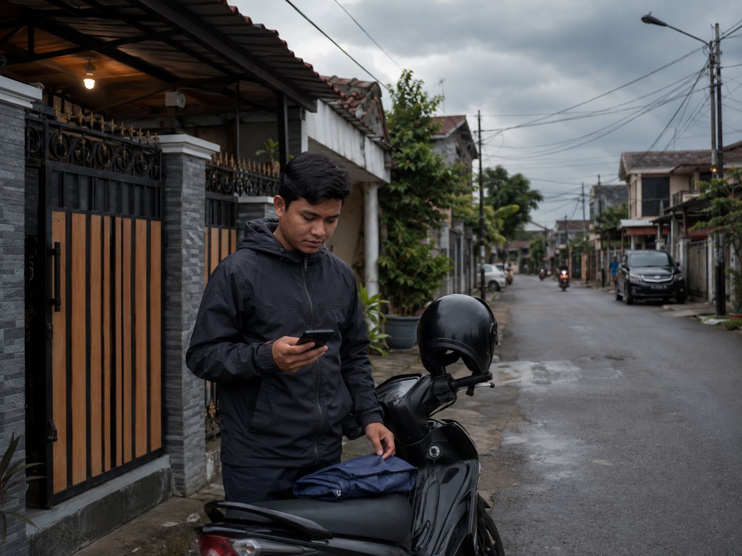 Pengendara motor mengecek prakiraan cuaca sebelum keluar saat langit sore mulai mendung