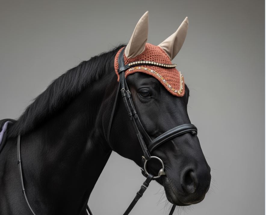 Horse wearing a hand-knitted BYT ear bonnet