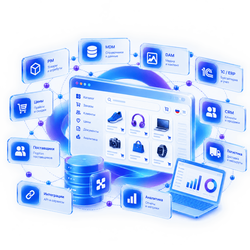 Экосистема Compo B2B: оптовый портал в центре и связанные PIM, MDM, DAM, 1С/ERP, CRM, цены, поставщики, логистика, интеграции и аналитика