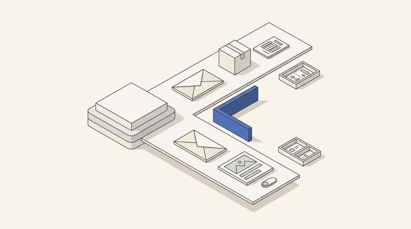 Two email lanes: one with a parcel and receipt, the other with content and a preference control.