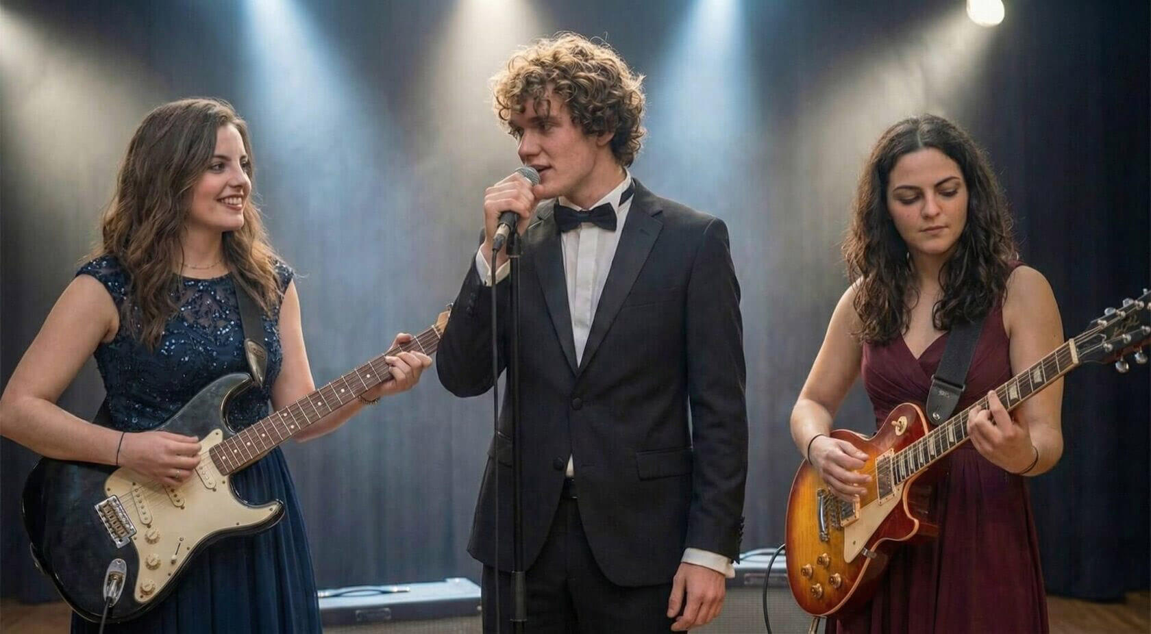 Выпускники 11 класса поют песню на выпускной 2026 с живыми инструментами на сцене