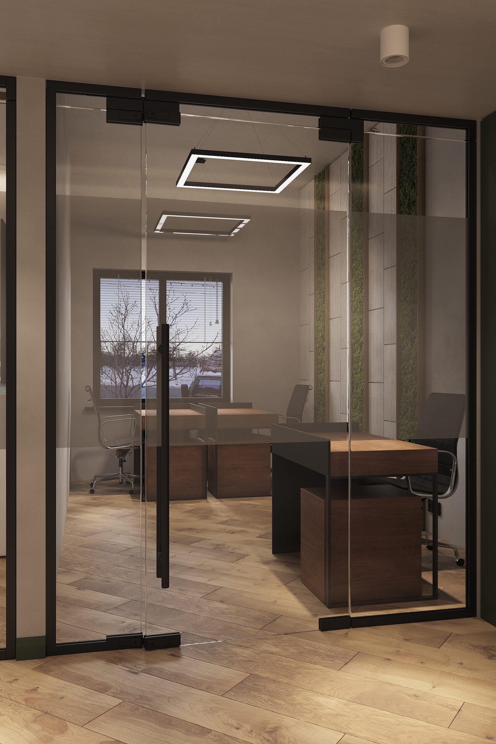 рабочая зона за стеклом в офисе