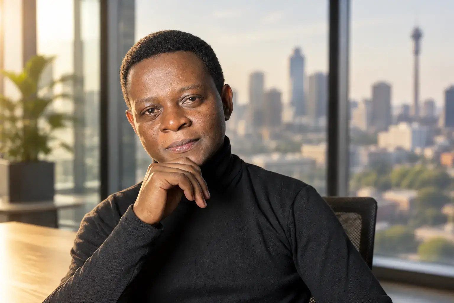 Moses Dlamini in a meeting room, thinking