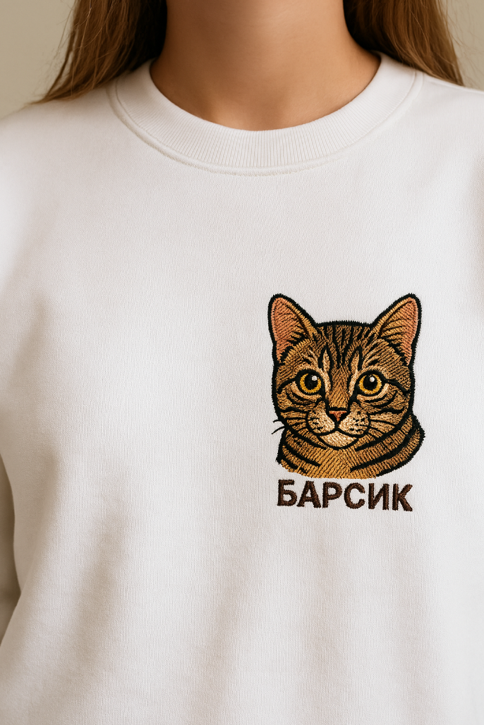 Пример вышивки кота с именем Барсик на светлой одежде