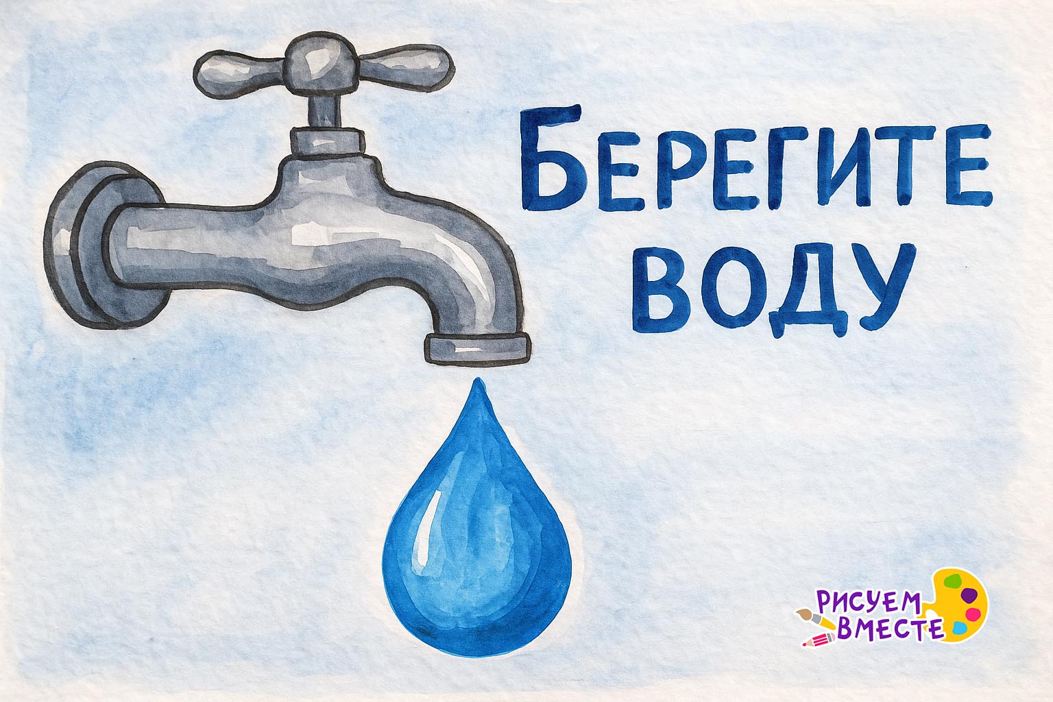 Простой рисунок на тему «Берегите воду» — капли из крана
