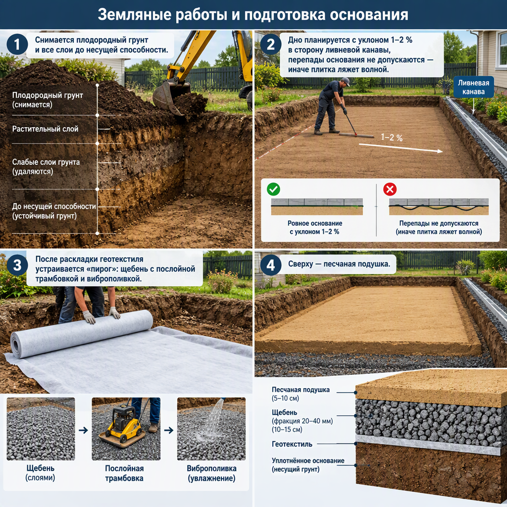 Выравнивание и уплотнение основания перед укладкой тротуарной плитки