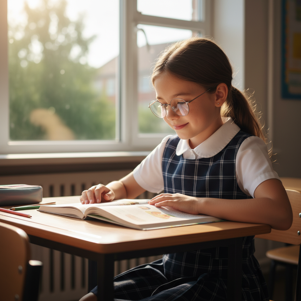 Школьница в очках читает книгу за партой у солнечного окна.