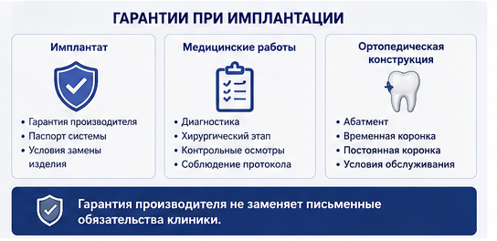 Гарантия на имплант, коронку и медицинские работы в стоматологии