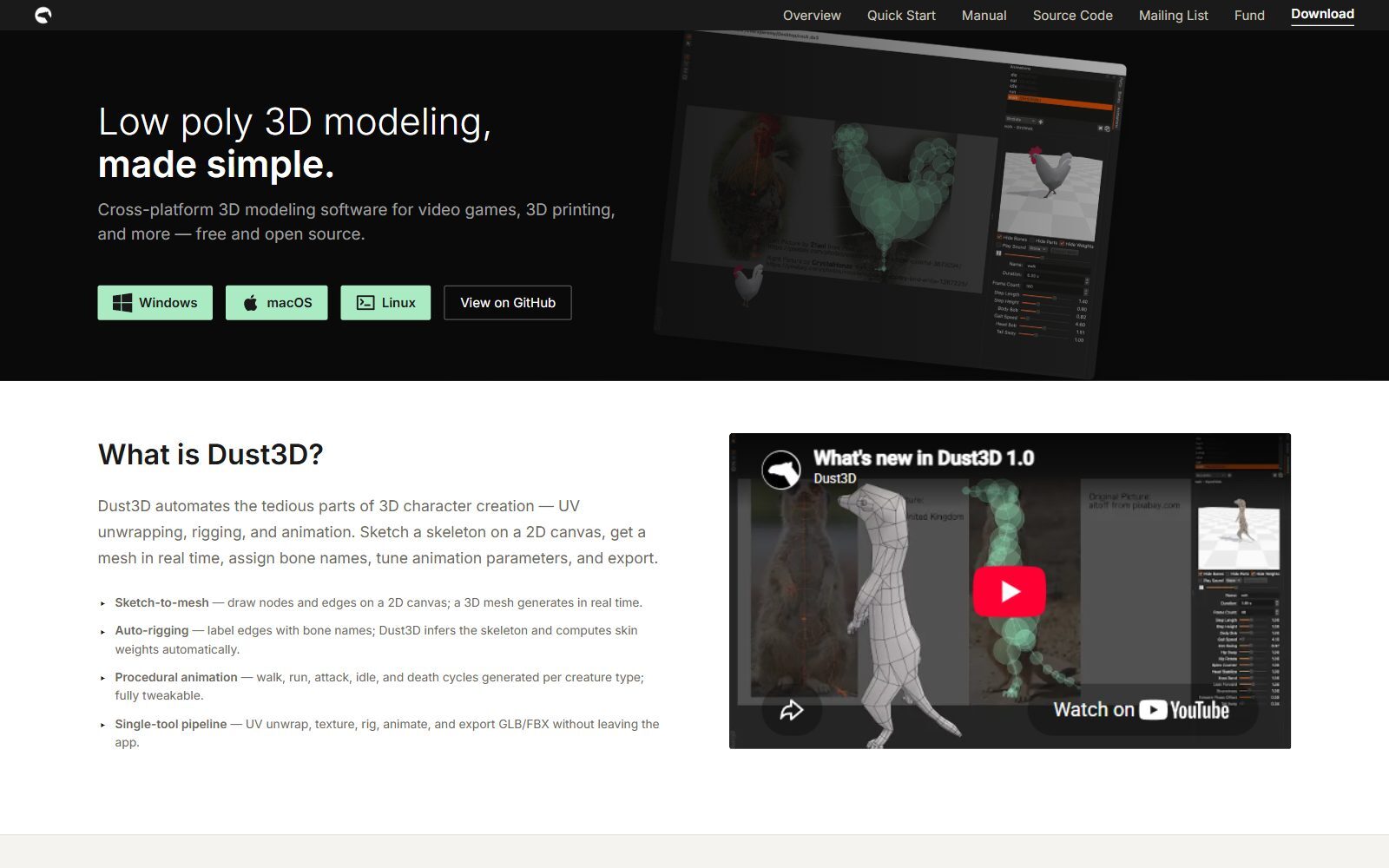 Dust3D homepage screenshot: low poly 3D modelling made simple (October 2026)