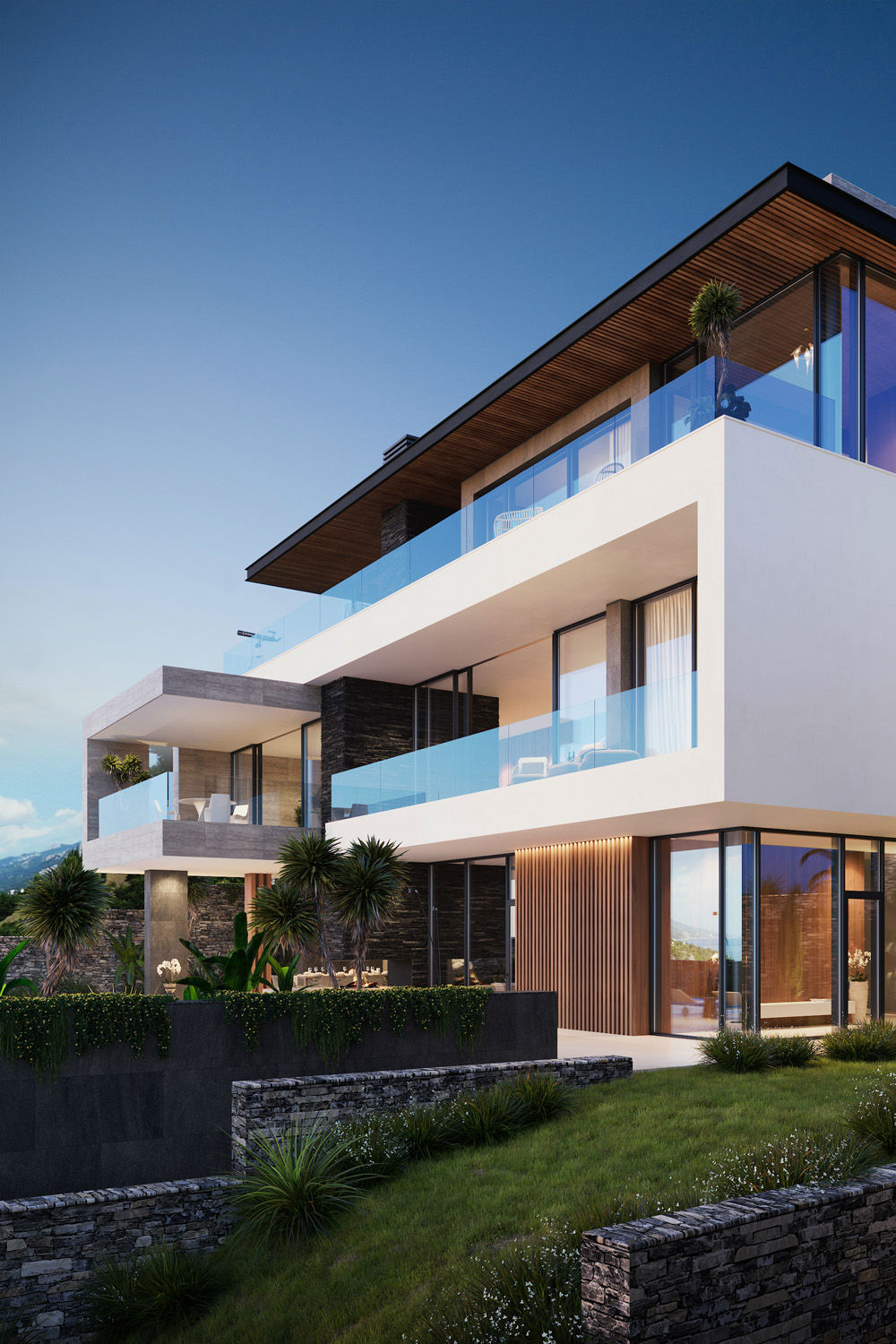 Современный дом в стиле хай-тек с панорамными окнами, деревянными элементами с блоком цвета слоновой кости и натурального камня с подсветкой и уличными многолетними растениями