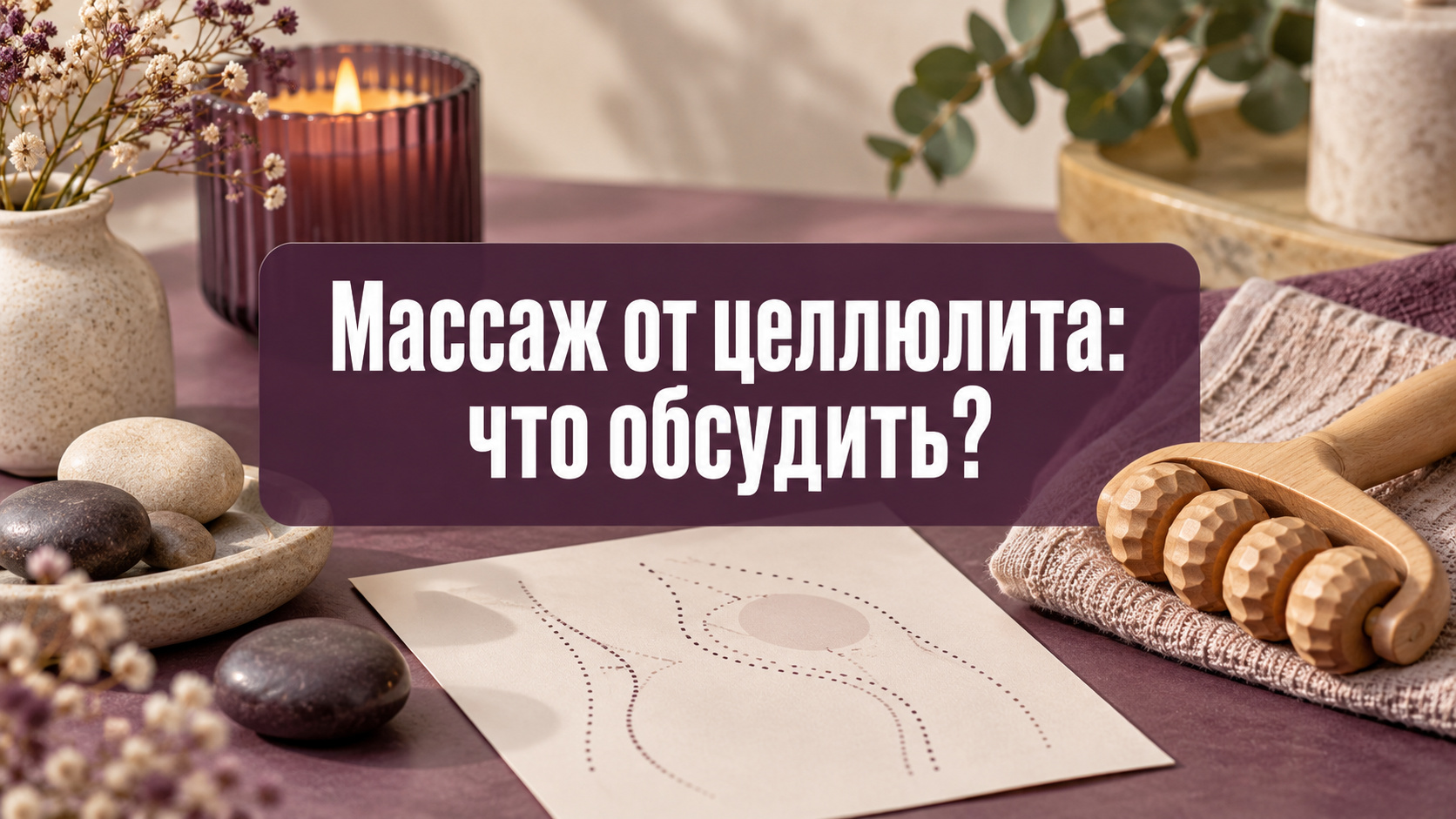 Натюрморт с деревянным массажным роликом, полотенцем, камнями и схемой; по центру фраза «Массаж от целлюлита: что обсудить?»