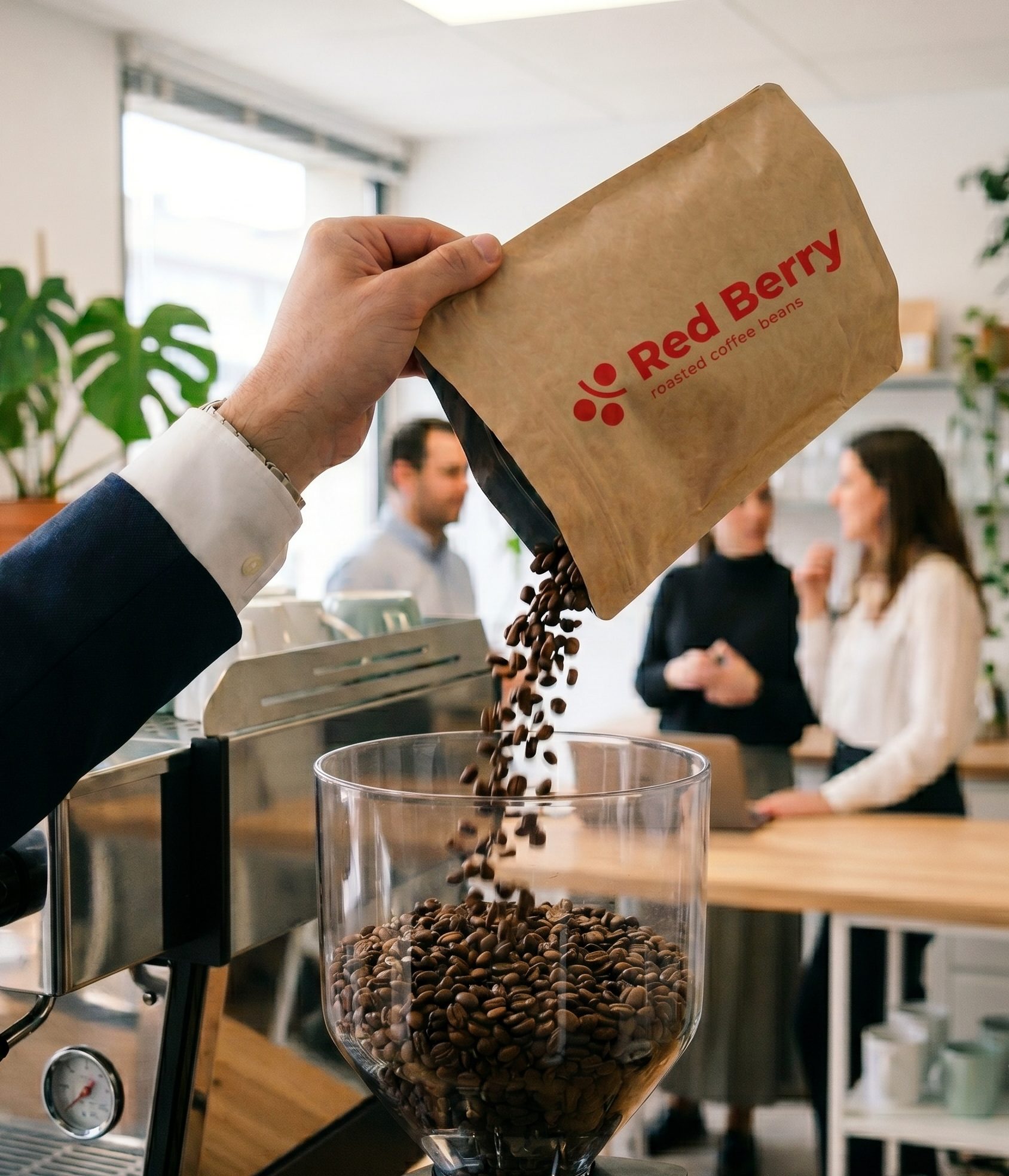 Зёрна Red Berry пересыпают из пакета в бункер кофемашины
