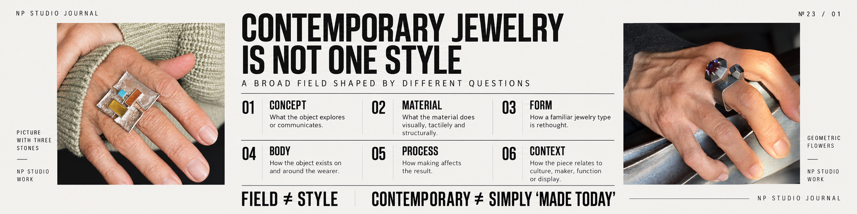 NP Studio Journal infographic explaining that contemporary jewelry is a field of practice rather than one style