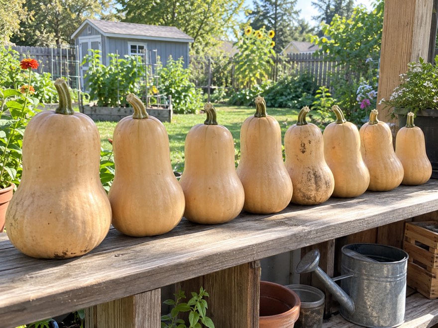 Harvested butternut squash curing on a porch shelf before storage