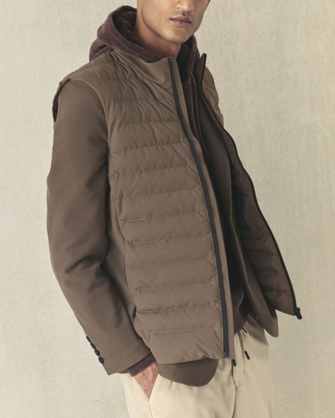 SH ZERO Autumn-Winter 2026-27: tobacco hybrid padded gilet