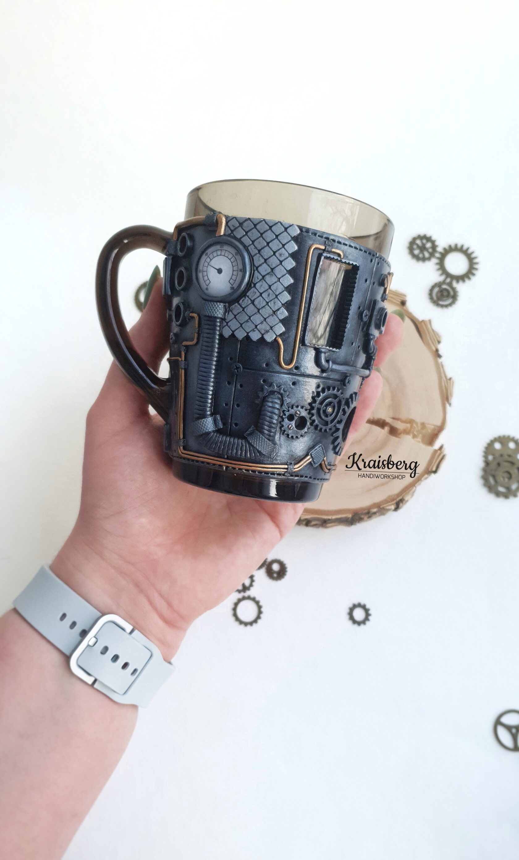 Кружка из полимерной глины стимпанк Идея для подарка мужской подарок Steampunk подарок женщине Ручная работа аксессуары