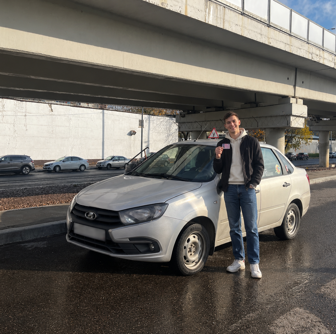 Выпускник автошколы с правами в руках у учебного автомобиля