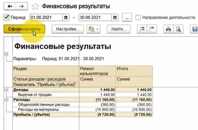 1С Комплексная автоматизация 2: отчет Финансовый результат по направлениям деятельности
