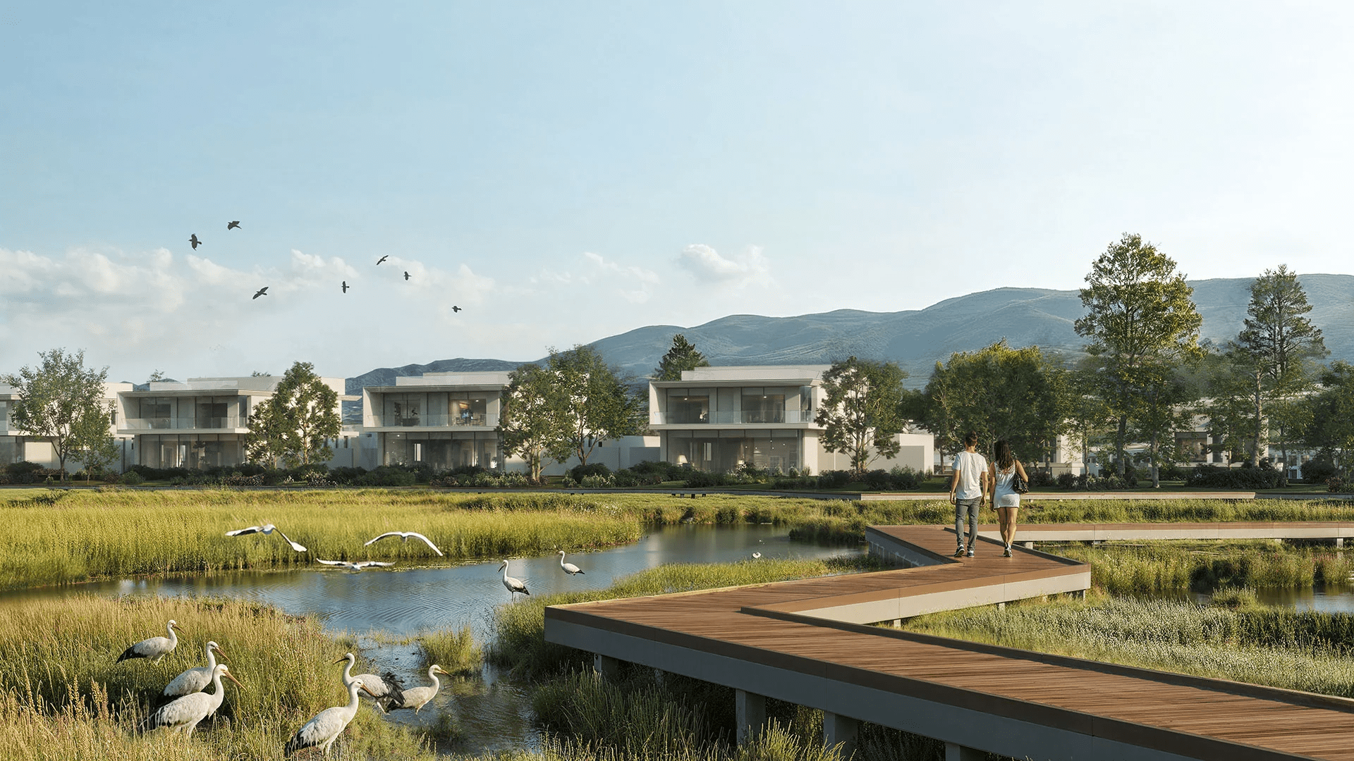 Пара прогуливается по лагуне в открытом зеленом парке жилого комплекса Gonio Yachts & Marina (визуализация проекта).