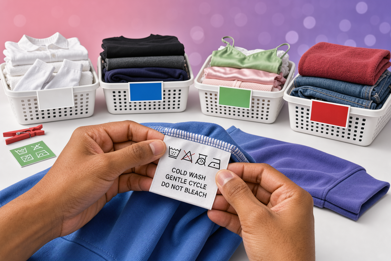 Laundry baskets with neatly separated piles: whites, darks, delicates, and heavy items, close-up of hands checking garment care labels
