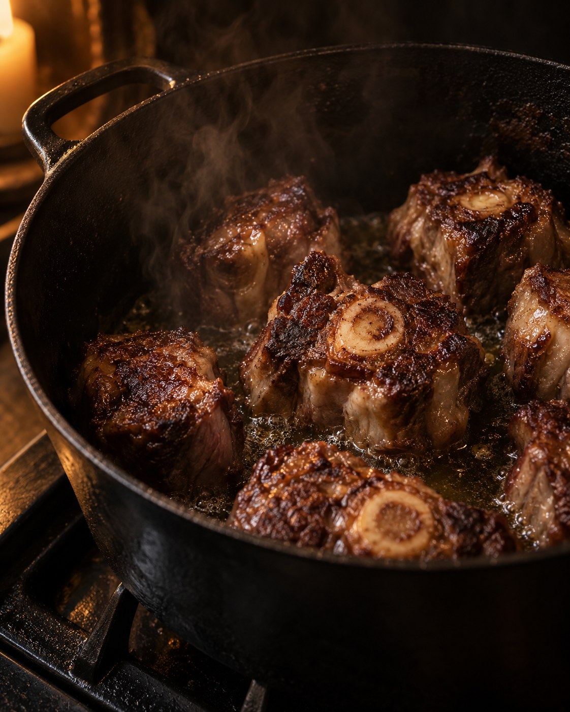 Oxtail pieces browning in a cast-iron casserole, deep brown crust forming on the meat