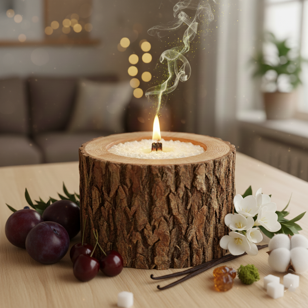 Свеча в спиле дерева с ароматом Слива и кашемир