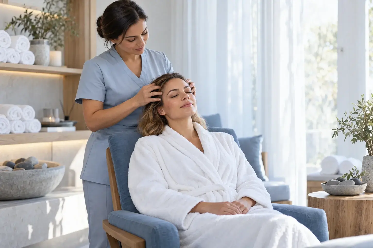 Специалист SPA салона делает расслабляющий массаж головы клиентке