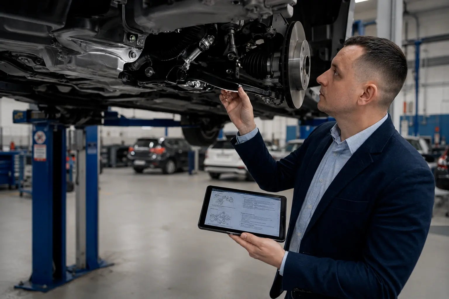 Эксперт исследует систему очистки отработавших газов Volkswagen Touareg на подъёмнике