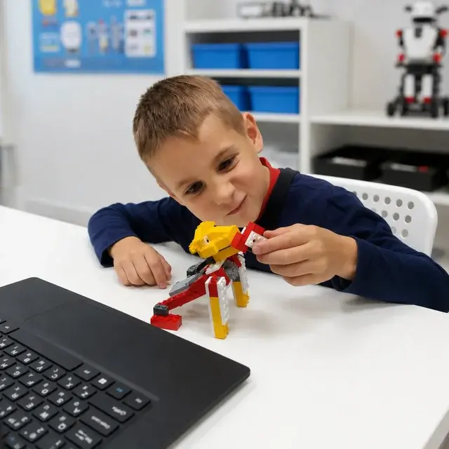Ученик собирает LEGO-механизм на занятии RoboCore