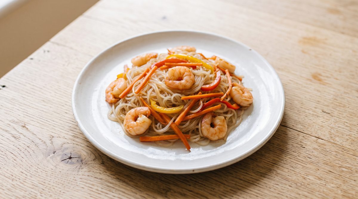 Рисовая лапша с креветками и овощами